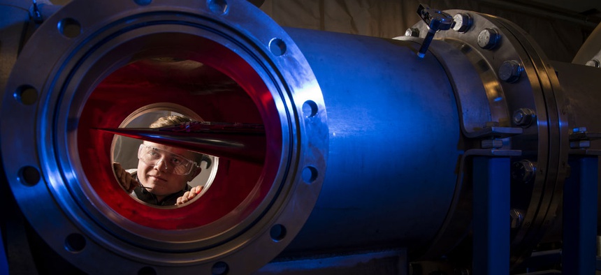 A cadet measures the pressures, temperatures, and flow field of various basic geometric and hypersonic research vehicles at Mach 6.