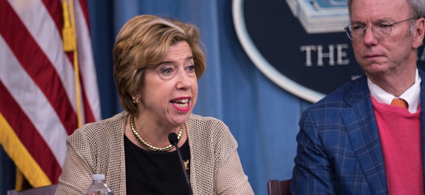 Under Secretary of Defense for Acquisition and Sustainment Ellen Lord joins Defense Innovation Board members for a report release May 3.