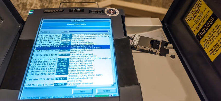 Diebold voting machine in El Paso, Texas, on February 25, 2008. Voting machines are increasingly popular in US elections, although concerns about accuracy and hacking persist.