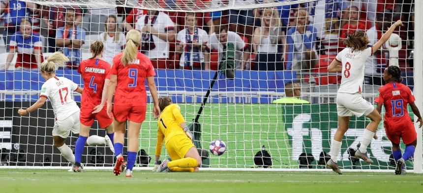 A goal from the England team in a semi-final against the U.S. was ruled offside after a VAR review.