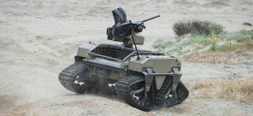 A unmanned vehicle, part of the Multi-Utility Tactical Transport family of systems, operates on Red Beach during the Ship-to-Shore Maneuver Exploration and Experimentation Advanced Naval Technology Exercise 2017.