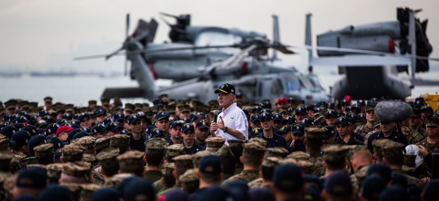 Secretary of the Navy Ray Mabus addresses Marines and sailors with the Makin Island Amphibious Ready Group/11th Marine Expeditionary Unit during his visit of Changi Naval Base, Singapore, Nov. 22, 2016.
