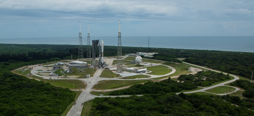 A United Launch Alliance Atlas V rocket with NASA’s Mars 2020 Perseverance rover onboard is seen on the launch pad at Space Launch Complex 41 after being rolled out of the Vertical Integration Facility, Tuesday, July 28, 2020, at Cape Canaveral Air Force
