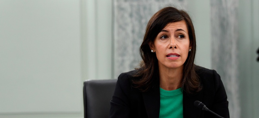 Jessica Rosenworcel answers a question during a Senate Commerce, Science, and Transportation committee hearing to examine the Federal Communications Commission on Capitol Hill June 24.
