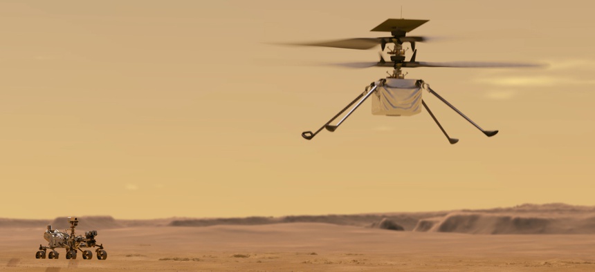 This illustration made available by NASA depicts the Ingenuity helicopter on Mars which was attached to the bottom of the Perseverance rover, background left. It will be the first aircraft to attempt controlled flight on another planet.